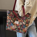 Grande borsa tote retrò in tela jacquard floreale con tracolla bordeaux di alta qualità - Rosso Vino Grande