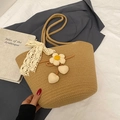 Handmade straw bucket bag in light brown with lace bow and crochet flower charms - Khaki With Beige & Satin Scarf