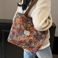 Borsa tote in tela jacquard floreale in stile vintage con manici marroni - Caffè Grande