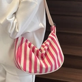 Pink and white striped canvas shoulder bag with wide strap in a casual Korean style - Pink