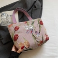 Floral jacquard tote bag with tulip patterns and purple handles for daily styling - Small / Pink