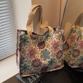 Borsa tote etnica con ricami floreali di grande capacità e manici in tessuto - Grande / Bianco Sporco