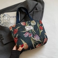 Navy blue jacquard tote bag with red tulip embroidery and woven label detail - Small / Dark Blue