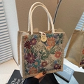 Borsa termica in lino con ricamo floreale e manici intrecciati per donna - Stile con bottoni decorativi / Bianco Sporco