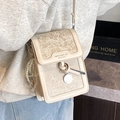 Chic cream floral embossed mini crossbody phone bag with pearl charm and woven details - Creamy White With Heart Pearl Pendant