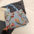 Borsa tote blu con motivo jacquard a tulipani rossi e gialli per donna in stile casual chic - Grande blu azzurro