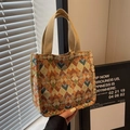 Bohemian mini tote bag with colorful geometric jacquard patterns and beige handles - Khaki Small