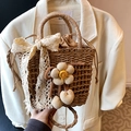 Handmade woven straw basket bag with lace bow, floral accents and drawstring lining - Khaki with White and Ribbon Scarf