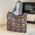Bohemian shopper met kleurrijk geometrisch weefpatroon en paarse handvatten - Blauw Groot