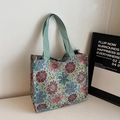 Large ethnic style floral jacquard tote bag with vintage flower patterns and green handles - Large / Green