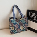 Ethnic floral jacquard tote bag in navy blue with colorful embroidery and wide straps - Large / Blue
