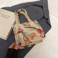 Borsa tote vintage con motivo jacquard di tulipani e forma rettangolare chic - Piccolo Cachi