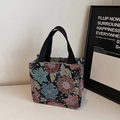 Ethnic style jacquard tote bag with colorful floral patterns and black ribbon handles - Small / Black