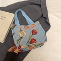 Borsa tote jacquard blu retrò con tulipani rossi e manici in nastro intrecciato - Piccolo blu azzurro