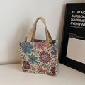 Ethnic style floral jacquard tote bag with sturdy beige canvas handles in multi-color - Small / Off White