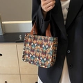 Canvas tote bag with vibrant geometric diamond patterns and brown webbed handles - Coffee Small