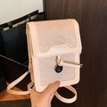 Beige jacquard mini crossbody phone bag for women with round metal horse charm detail - Pink Without Pendant