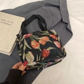Borsa tote nera retrò con motivi di tulipani in jacquard e robusti manici in tessuto - Piccolo Nero