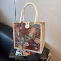 Borsa in lino con motivi floreali, manici in corda intrecciata bianca e grande bottone in legno - Stile con bottoni decorativi / Borgogna