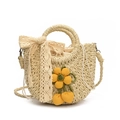 Borsa a secchiello in paglia fatta a mano con ciondoli floreali e fiocco in pizzo beige - Beige E Giallo (Con Sciarpa)