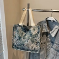 Vintage Jacquard-Tragetasche mit Blumenmuster in Blau und Creme und stabilen Griffen - Blau Groß