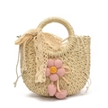 Borsa a mano in paglia intrecciata beige con fiori rosa e ciondoli a ciliegia da mare - Beige E Rosa (Con Sciarpa)
