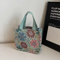 Ethnic jacquard tote bag with vintage floral patterns and light green ribbon handles - Small / Green