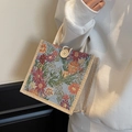 Piccola borsa tote in jacquard floreale celeste con bottone in legno e manici in corda - Stile con bottoni decorativi / Blu