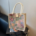 Linen bento handbag with pink floral tapestry pattern and woven cotton handles - Button Decor Style / Pink