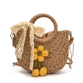 Sac de plage en paille fait main avec fleurs jaunes, nœud dentelle et bandoulière - Kaki Et Jaune (Avec Écharpe)