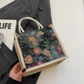 Linen bento tote bag with floral jacquard pattern and rustic rope handles - Zipper Style / Black