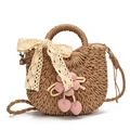Sac seau en paille fait main beige foncé avec nœud en dentelle et breloque florale - Kaki Et Rose (Avec Écharpe)