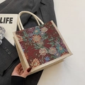Linen lunch bag with vintage floral tapestry pattern and woven handles for women - Zipper Style / Burgundy