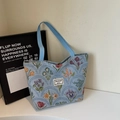 Light blue floral canvas tote bag with vintage tapestry flower patterns and top handles - Blue Large (Zipper)
