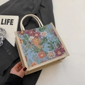 Compact linen tote bag with colorful floral embroidery and natural beige handles - Zipper Style / Blue