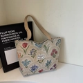 Floral canvas tote bag with vintage embroidery and durable cream ribbon handles - Khaki Large (Zipper)