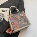 Pink linen lunch bag with floral jacquard patterns and white woven rope handles - Zipper Style / Pink