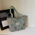 Large floral canvas tote bag in vintage mint green jacquard fabric for daily use - Green Large (Zipper)