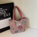 Pink floral jacquard tote bag with wide fabric handles and a retro botanical pattern - Pink Small (Open)