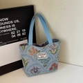 Floral canvas tote bag in light blue with colorful floral jacquard and woven straps - Blue Small (Open)