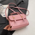 Pink vintage PU leather small square bag with top handle and golden metal buckles - No Pendant / Pink