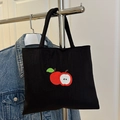 Schwarze Canvas-Tragetasche mit roter Apfelstickerei für den täglichen Gebrauch - Schwarz