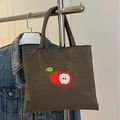 Olive green tote bag with red apple embroidery on casual nylon shoulder bag - Green