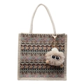 Borsa tote etnica in lino naturale con motivi geometrici e ciondolo a mostriciattolo - Stile Cerniera Cachi Con Pendaglio Elfo Cachi