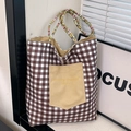 Brown checkered canvas tote bag with a beaded handle and front utility pocket - Yellow
