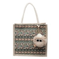 Ethnic woven tote bag with geometric patterns and fuzzy monster charm for women - Green Zipper Style With Khaki Elf Pendant