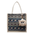 Ethnic woven tote bag in blue with geometric patterns and a plush monster charm - Blue Zipper Style With Khaki Elf Pendant