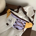 Driekleurige patchwork heuptas in wit, lavendel en geel met een verstelbare bruine riem - Paars