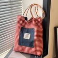 Red plaid canvas tote bag with denim pocket and colorful braided rope handles - Large / Red