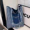 Blue and white checkered canvas tote bag with contrast pocket and colorful braided handles - Blue